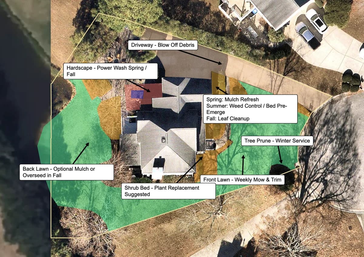 Aerial property view with AI-powered service zone mapping and annotations