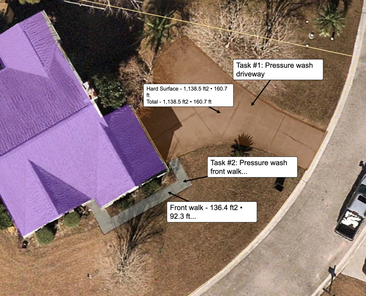 Launchpad interface showing property measurement for pressure washing